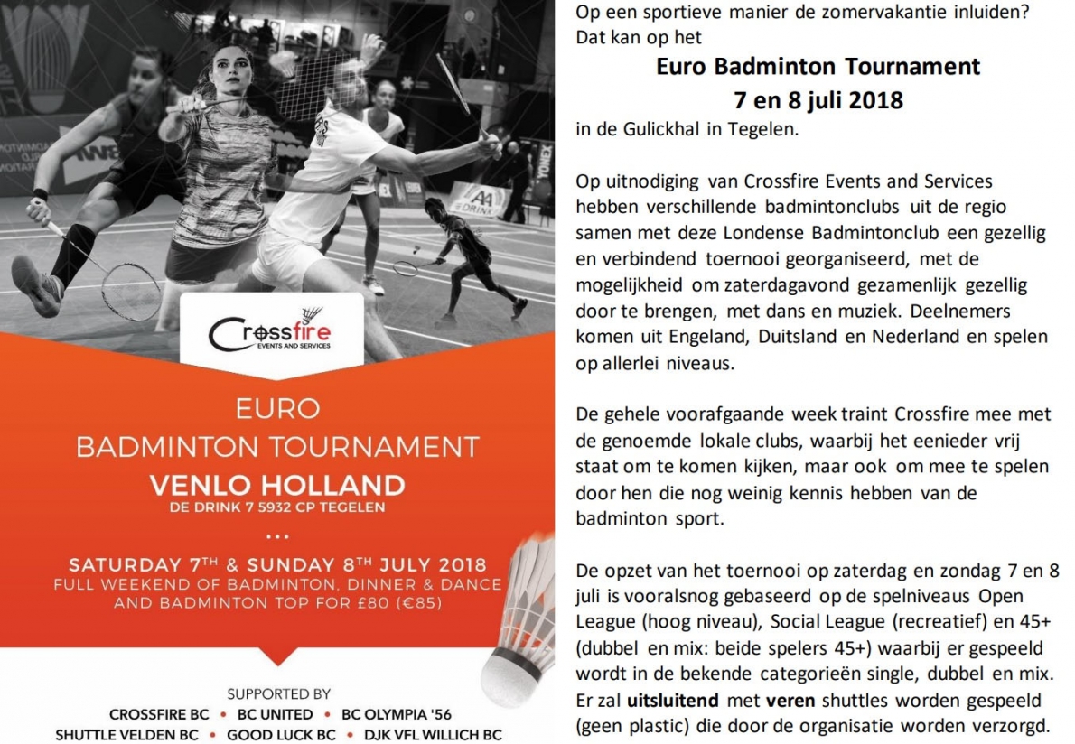 Euro Badminton Tournament (alleen nog deze week aanmelden)